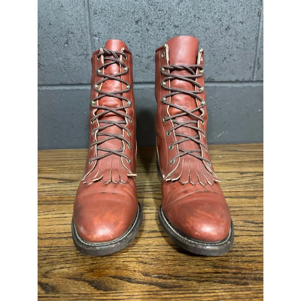 Vintage Justin Lace Up Roper Boots Burgundy Leather Kiltie USA Women’s 7.5 - Picture 3 of 9